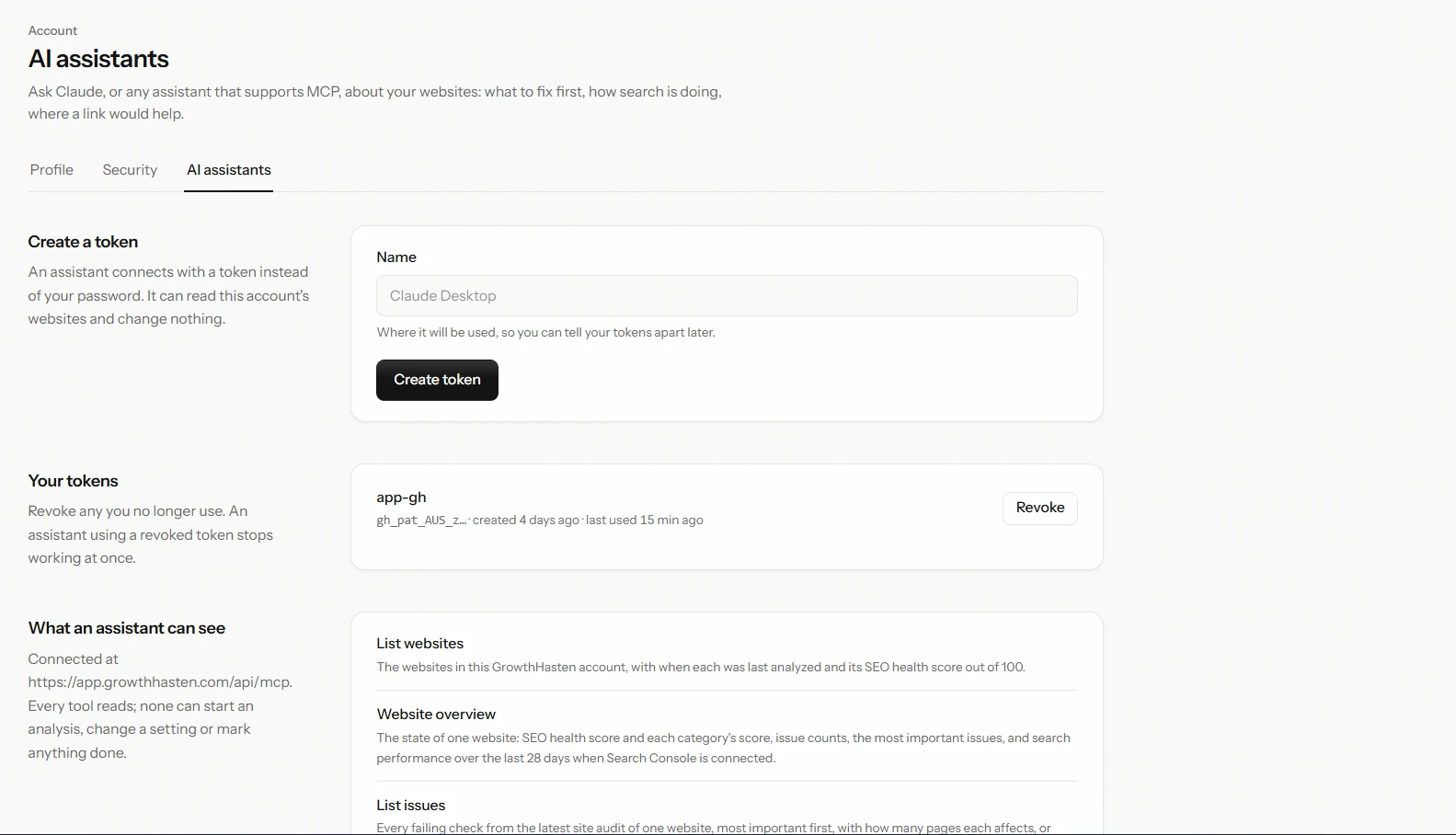The AI assistants screen: a form to create an access token for an assistant that supports MCP, the list of existing tokens with when each was created and last used and a control to revoke it, and the read-only tools an assistant can use.